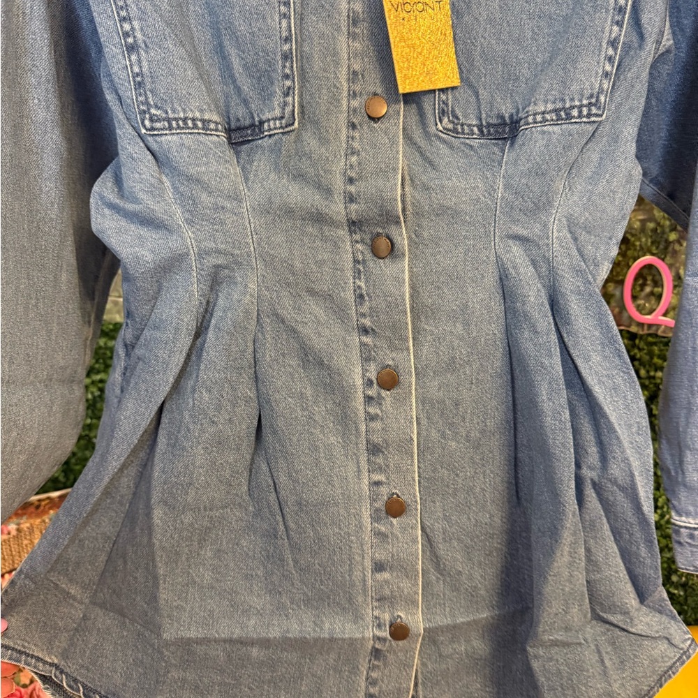 Vibrant‎ M.I.U. Denim Button-Up Long Sleeve Fitted Waist Shirt Dress NWT - Picture 3 of 8